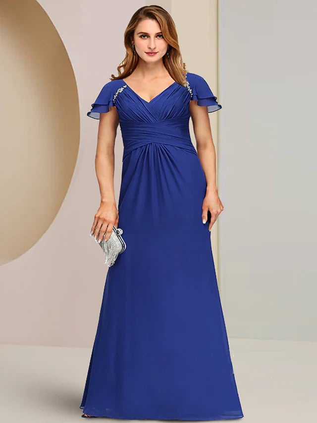 Wholesale Sheath / Column Mother of the Bride Dress Formal Vintage Elegant V Neck Floor Length Chiffon Short Sleeve with Ruched Crystal Brooch Side-Draped